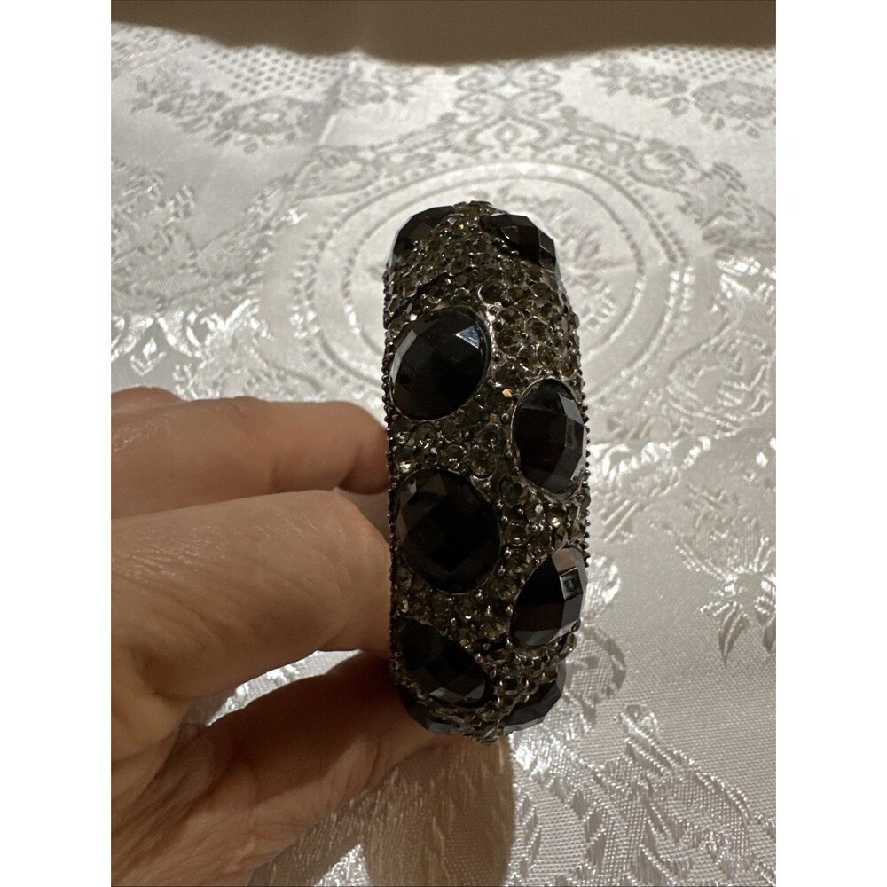 Silver Tone Black Clear Faceted Rhinestones Cuff Bracelet Handcrafted Artisan - Picture 14 of 15